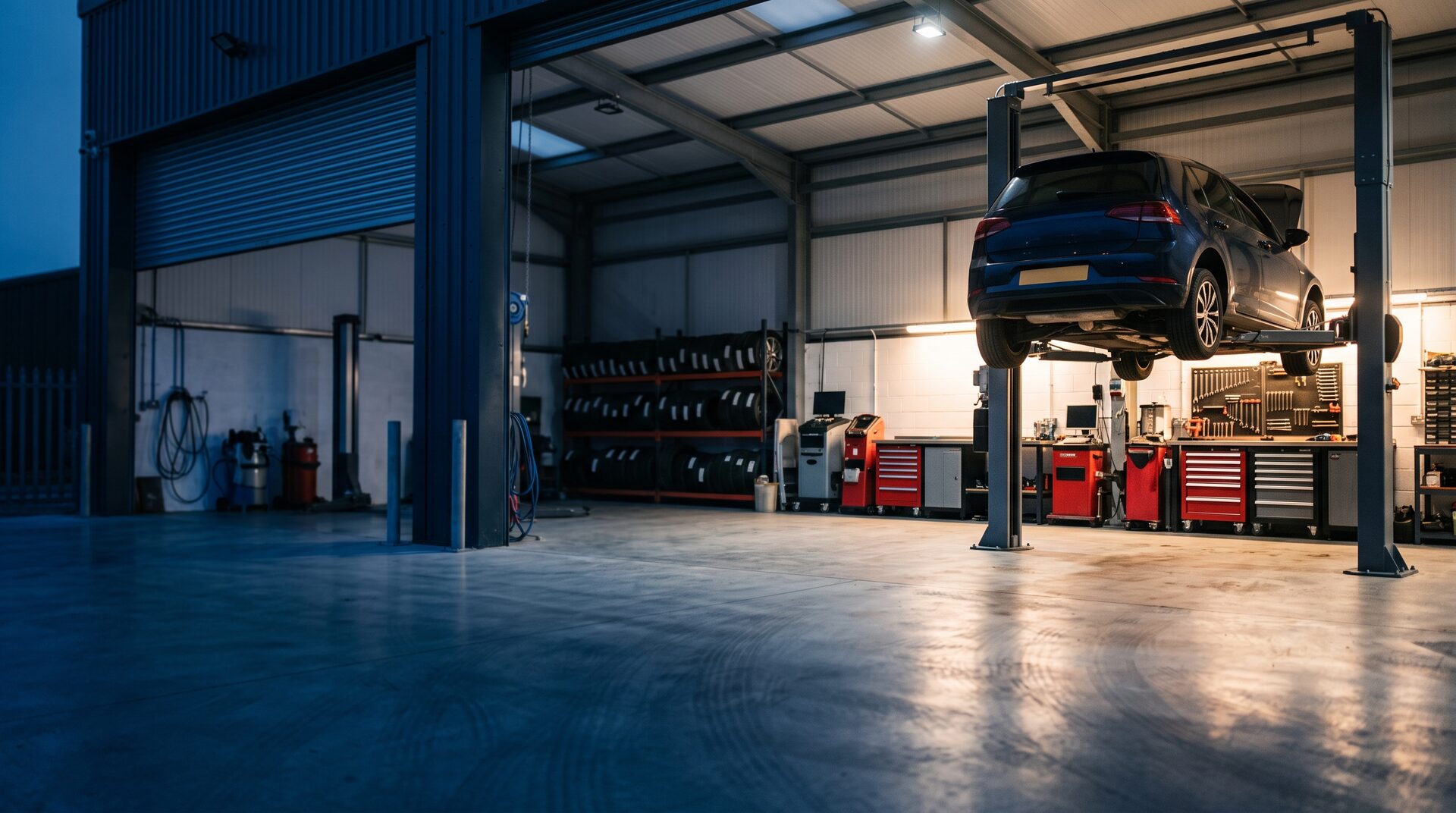 A car raised on a lift inside a clean, well equipped workshop